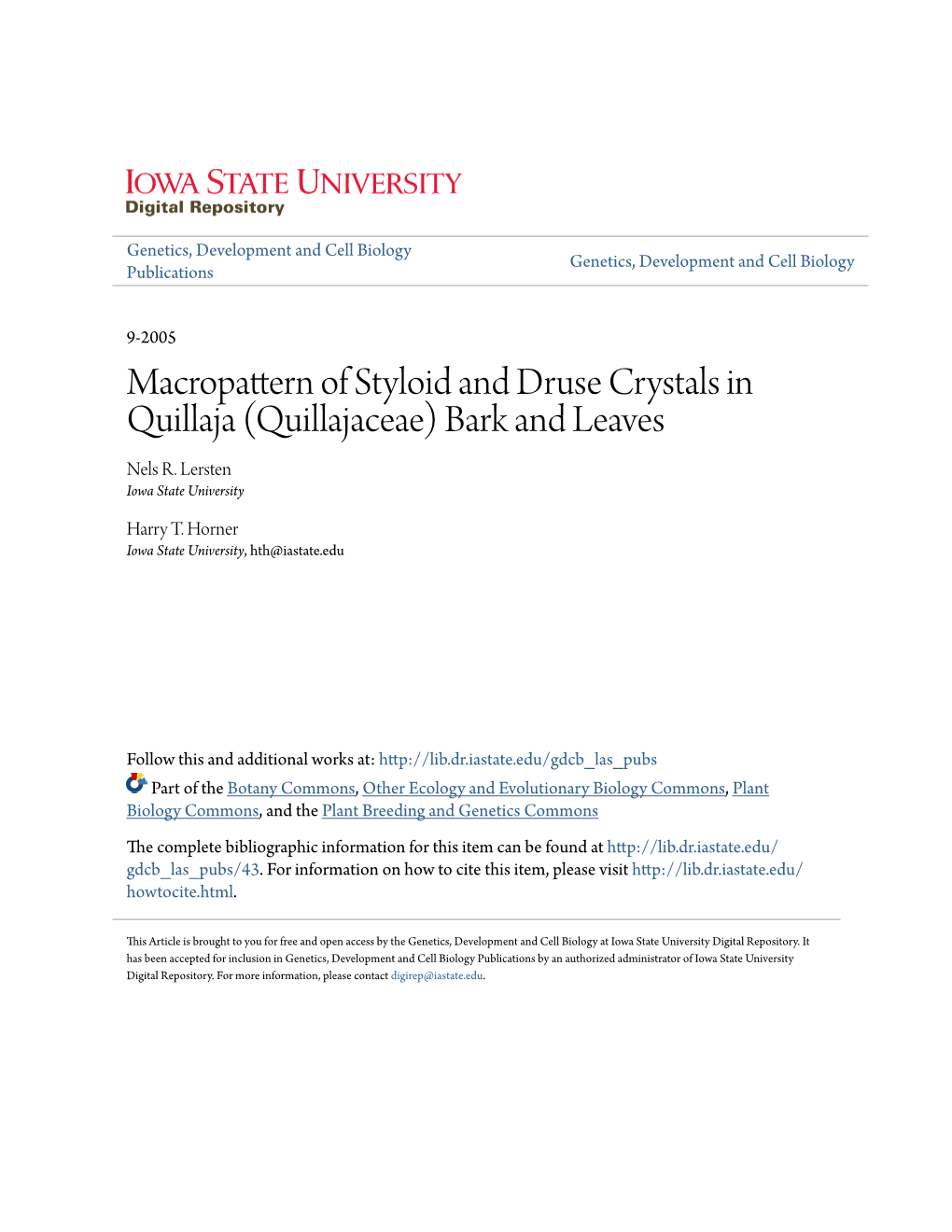 Macropattern of Styloid and Druse Crystals in Quillaja (Quillajaceae) Bark and Leaves Nels R