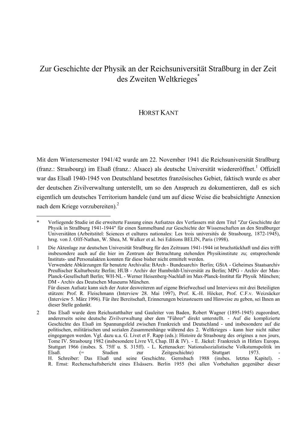 Zur Geschichte Der Physik an Der Reichsuniversität Straßburg in Der Zeit Des Zweiten Weltkrieges*