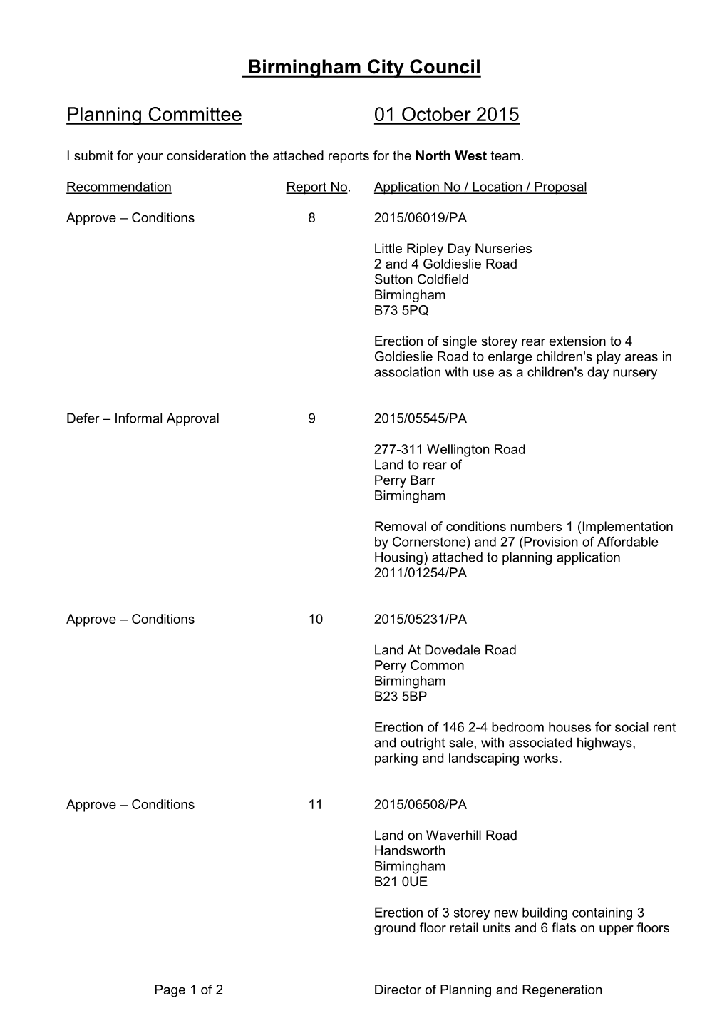 Birmingham City Council Planning Committee 01 October 2015