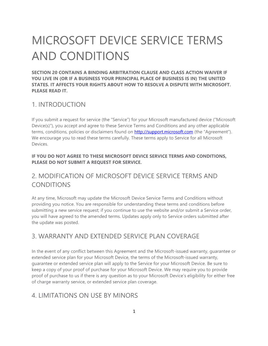 Microsoft Device Service Terms and Conditions