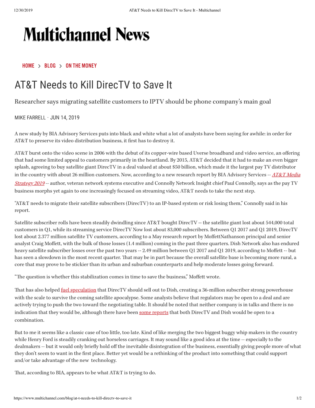 AT&T Needs to Kill Directv to Save It