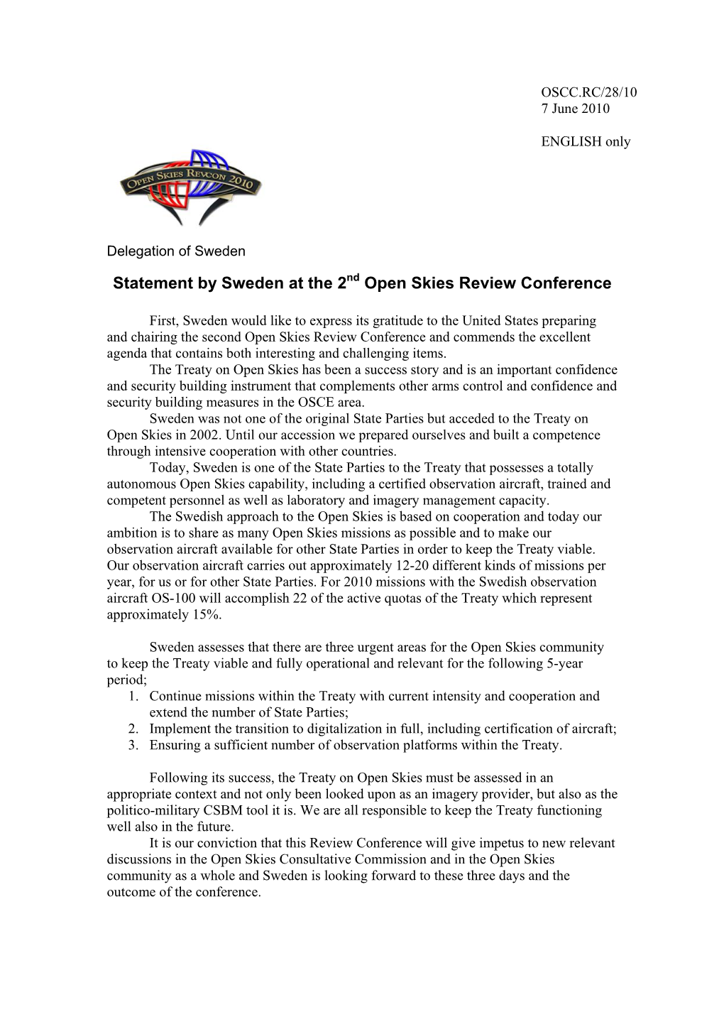 Statement by Sweden at the 2 Open Skies Review Conference