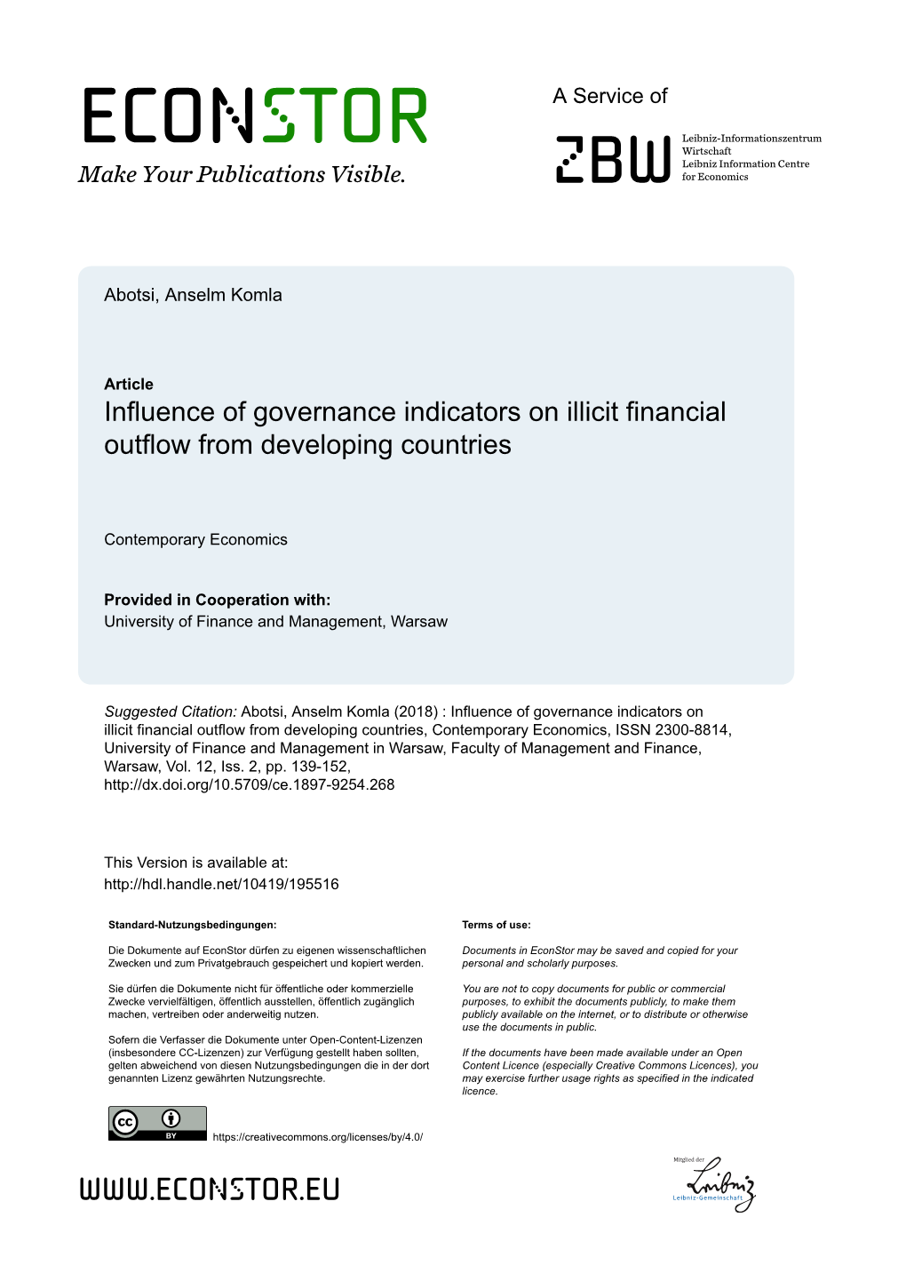 Influence of Governance Indicators on Illicit Financial Outflow from Developing Countries