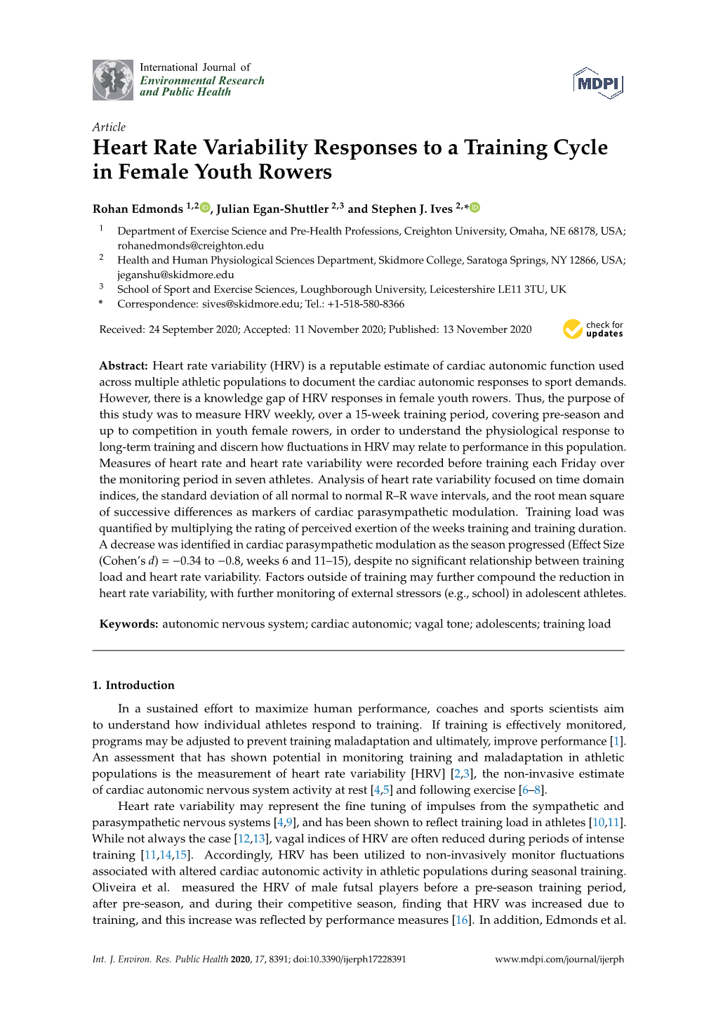 Heart Rate Variability Responses to a Training Cycle in Female Youth Rowers