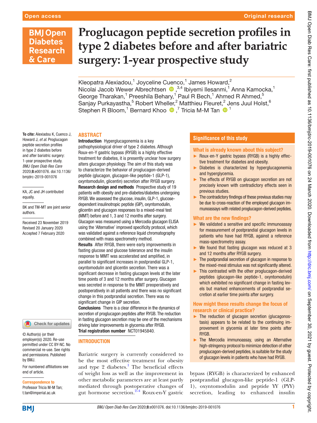 Proglucagon Peptide Secretion Profiles in Type 2 Diabetes Before and After Bariatric Surgery: 1-Year­ Prospective Study