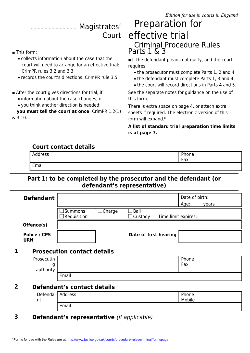 Magistrates' Courts Preparation for Trial Form