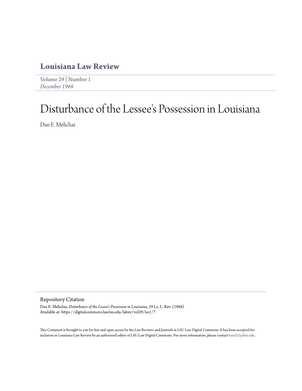 Disturbance of the Lessee's Possession in Louisiana Dan E