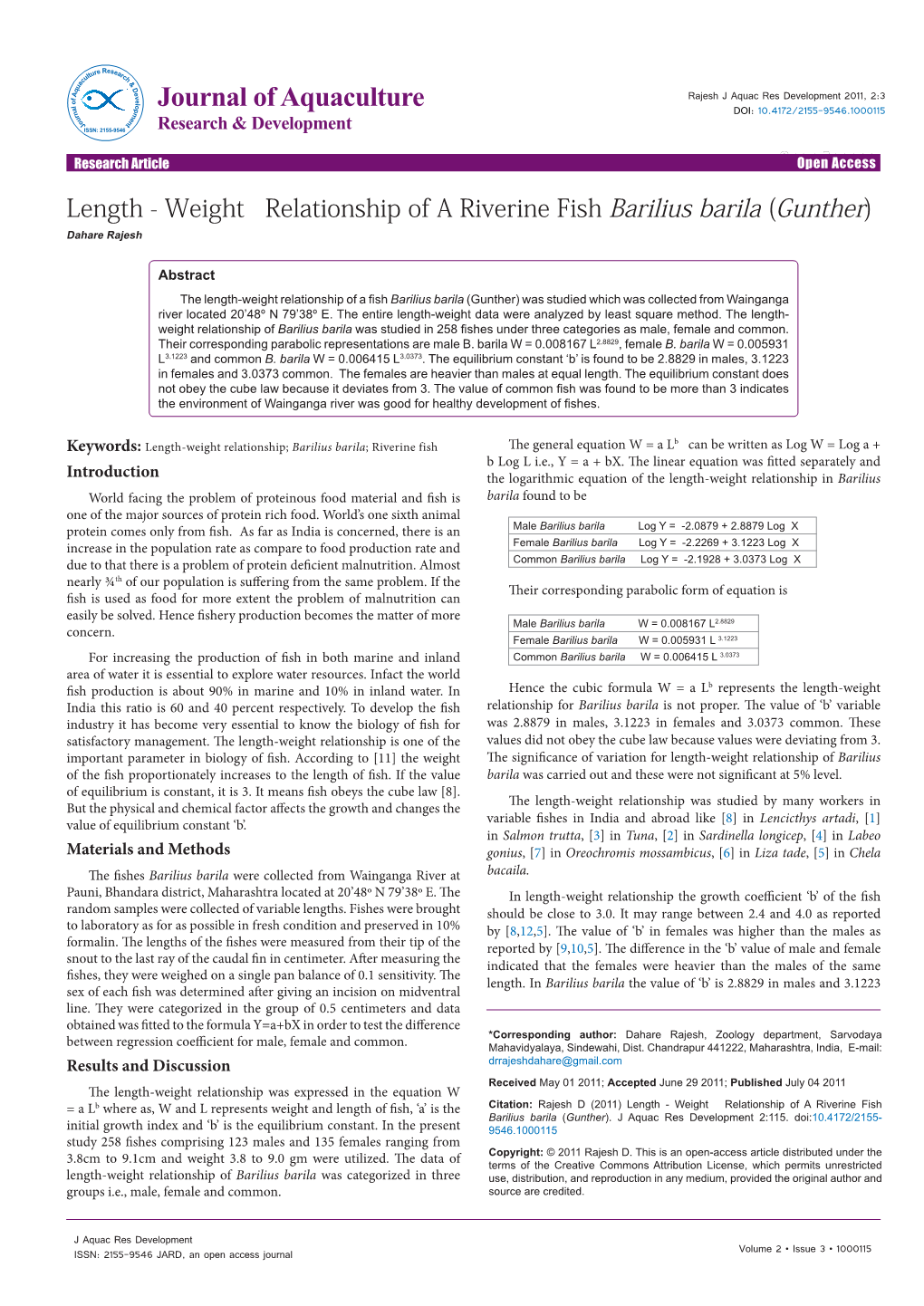 Length - Weight Relationship of a Riverine Fish Barilius Barila (Gunther) Dahare Rajesh