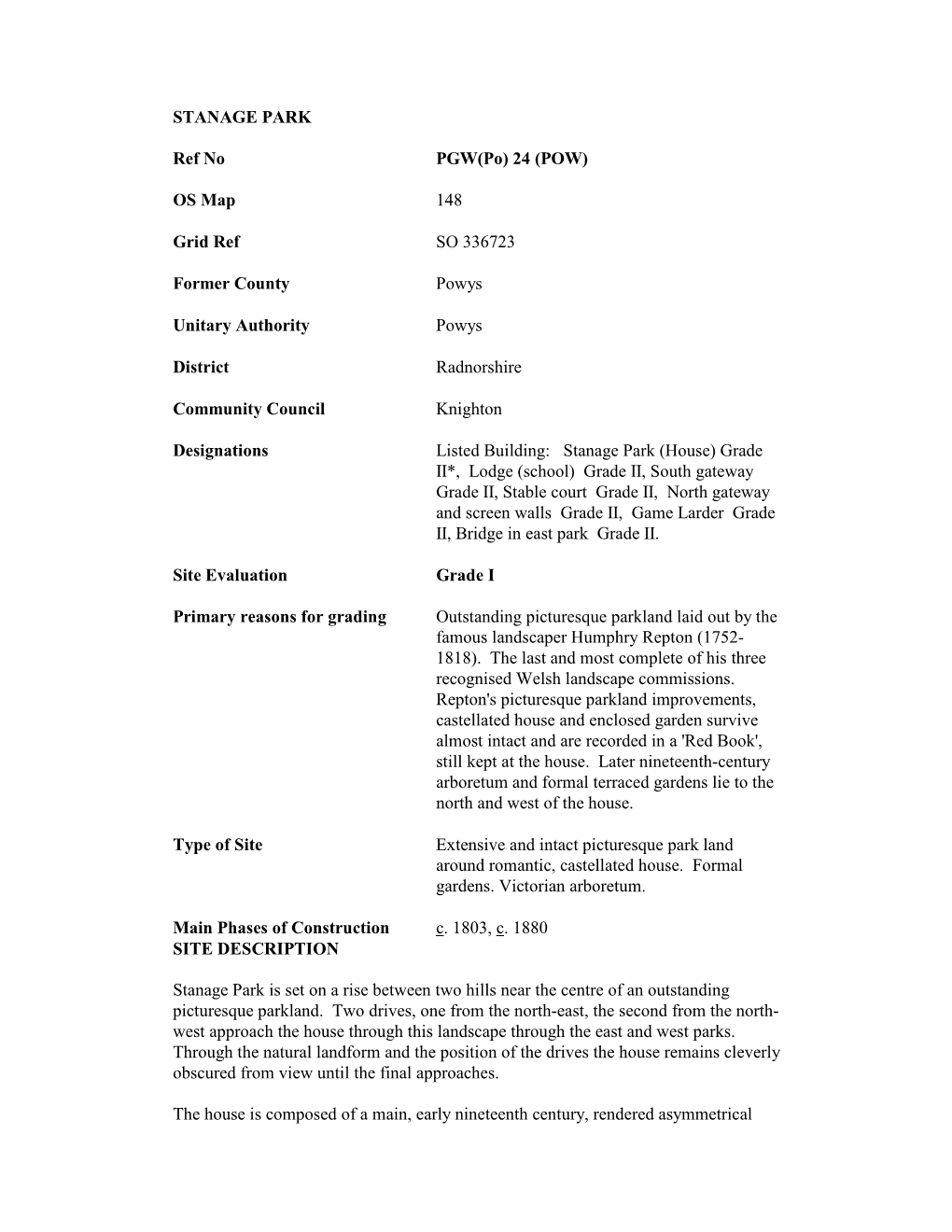 STANAGE PARK Ref No PGW(Po) 24 (POW) OS Map 148 Grid Ref SO