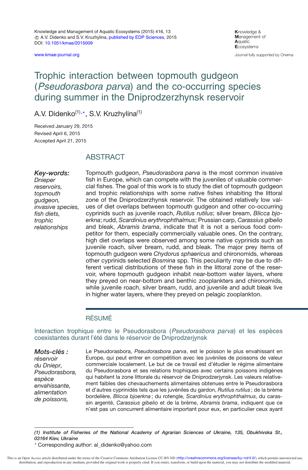 Pseudorasbora Parva) and the Co-Occurring Species During Summer in the Dniprodzerzhynsk Reservoir