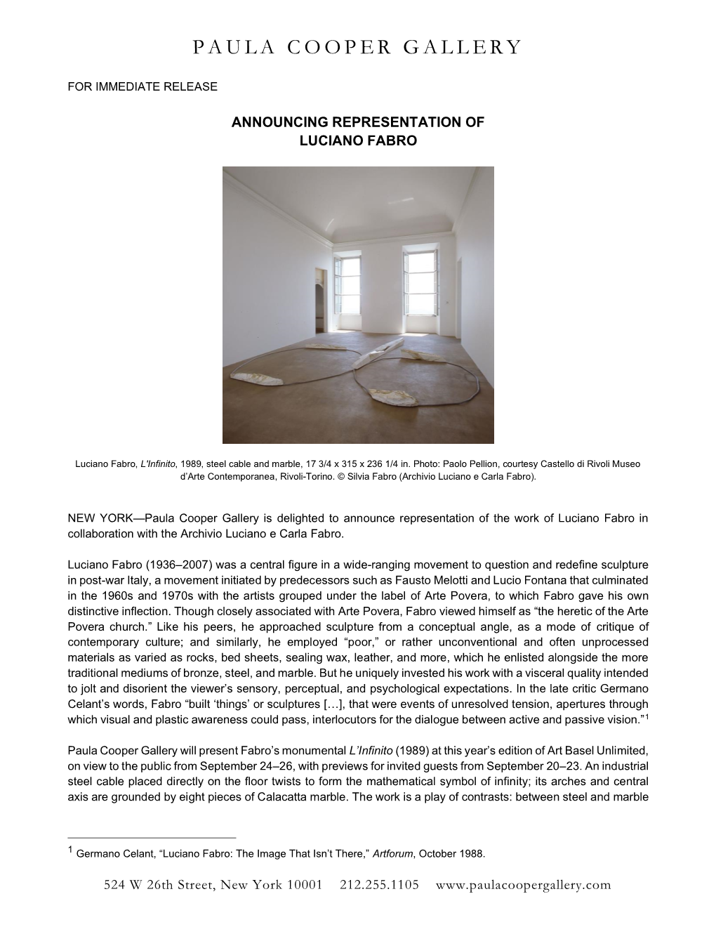 Paula Cooper Gallery Is Delighted to Announce Representation of the Work of Luciano Fabro in Collaboration with the Archivio Luciano E Carla Fabro