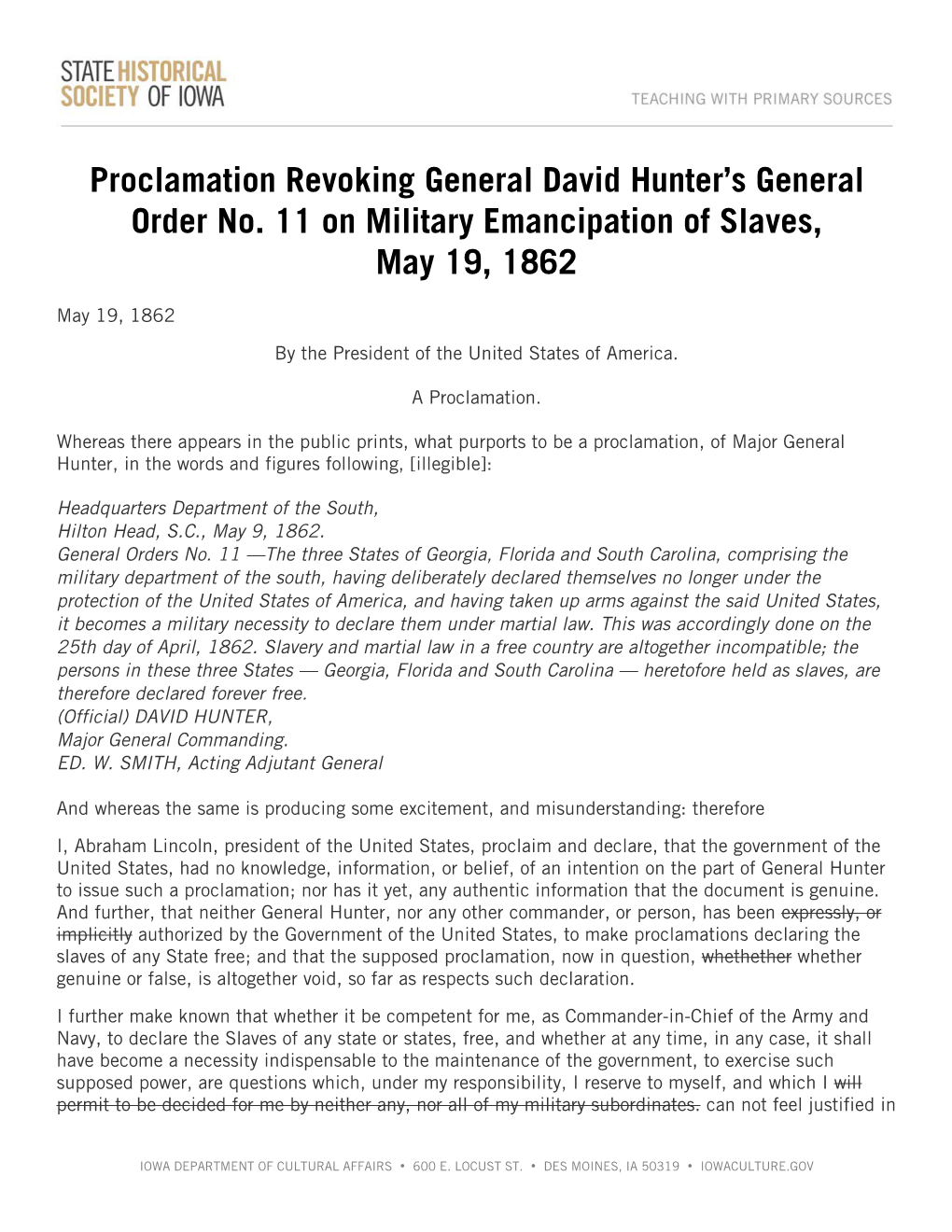 Proclamation Revoking General David Hunter's General Order No. 11 On