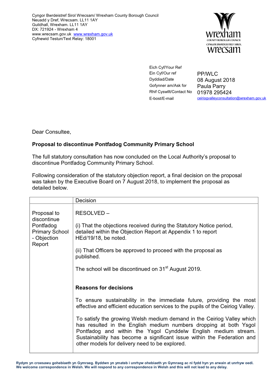 Proposal to Discontinue Pontfadog Community Primary School