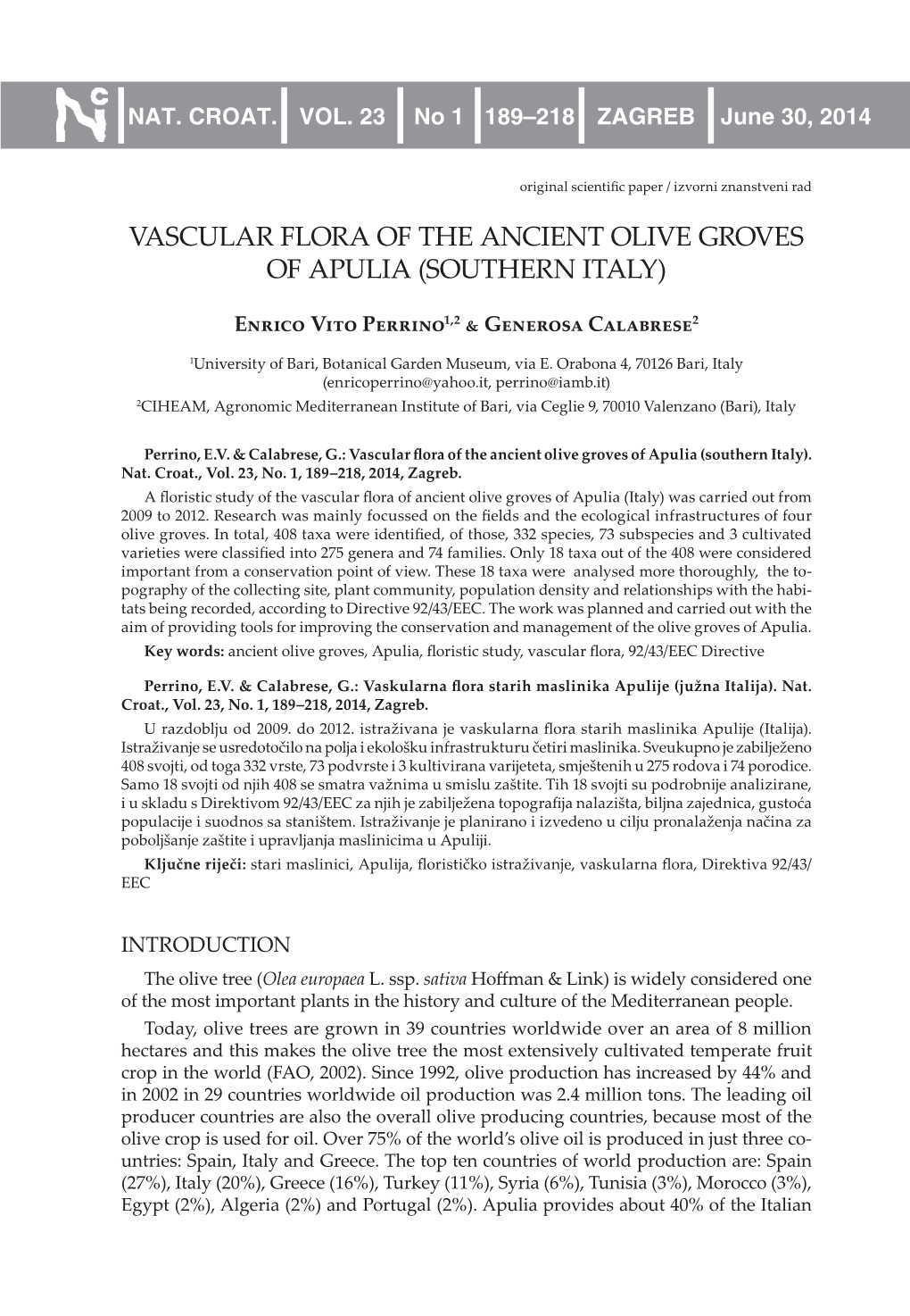 Vascular Flora of the Ancient Olive Groves of Apulia (Southern Italy)