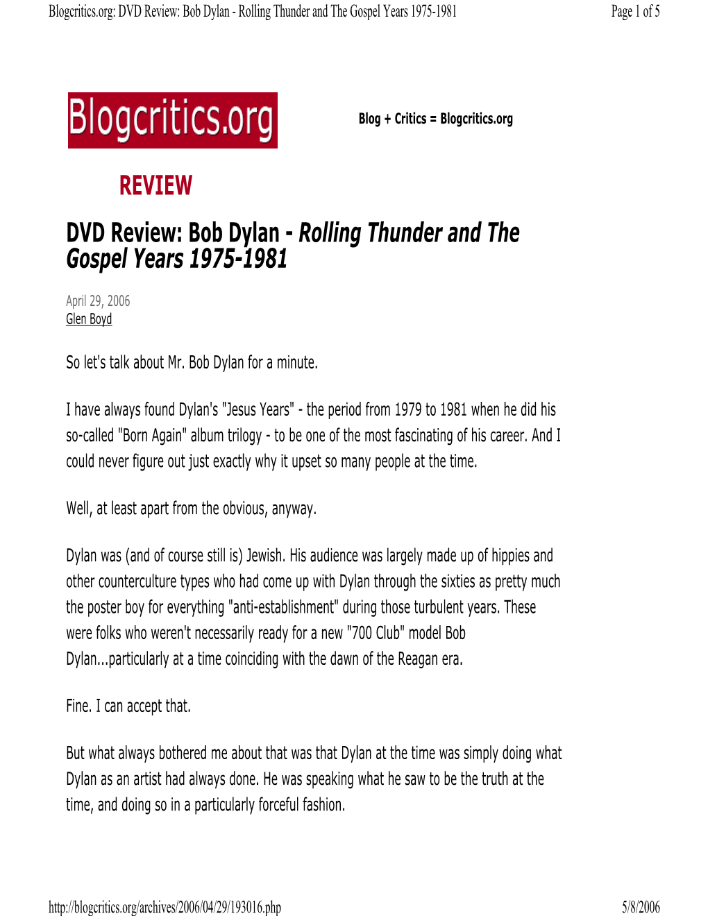 DVD Review: Bob Dylan - Rolling Thunder and the Gospel Years 1975-1981 Page 1 of 5
