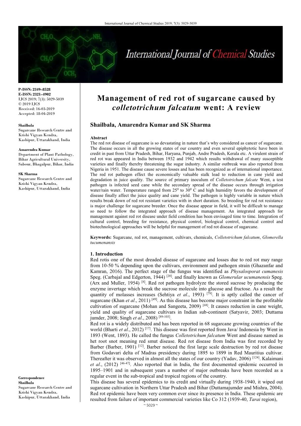 Management of Red Rot of Sugarcane Caused by Colletotrichum Falcatum