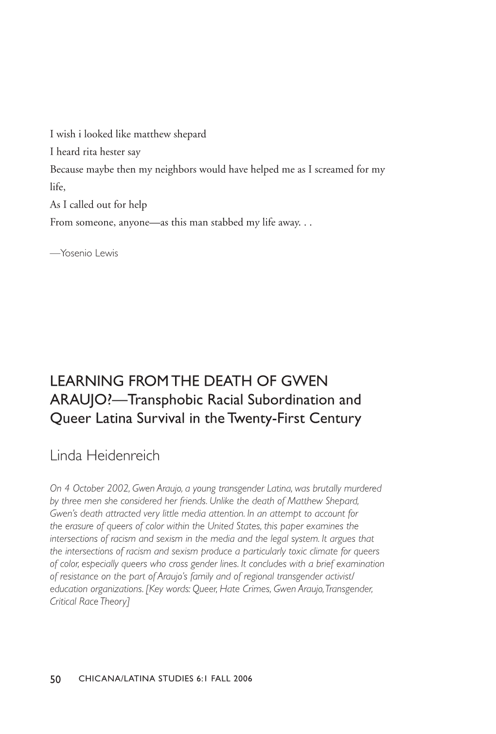 Learning from the Death of Gwen Araujo?—Transphobic Racial Subordination and Queer Latina Survival in the Twenty-First Century