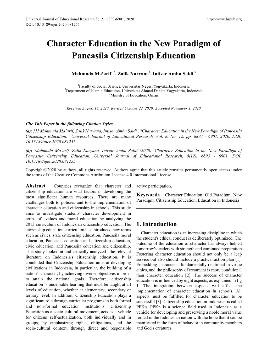 Character Education in the New Paradigm of Pancasila Citizenship Education