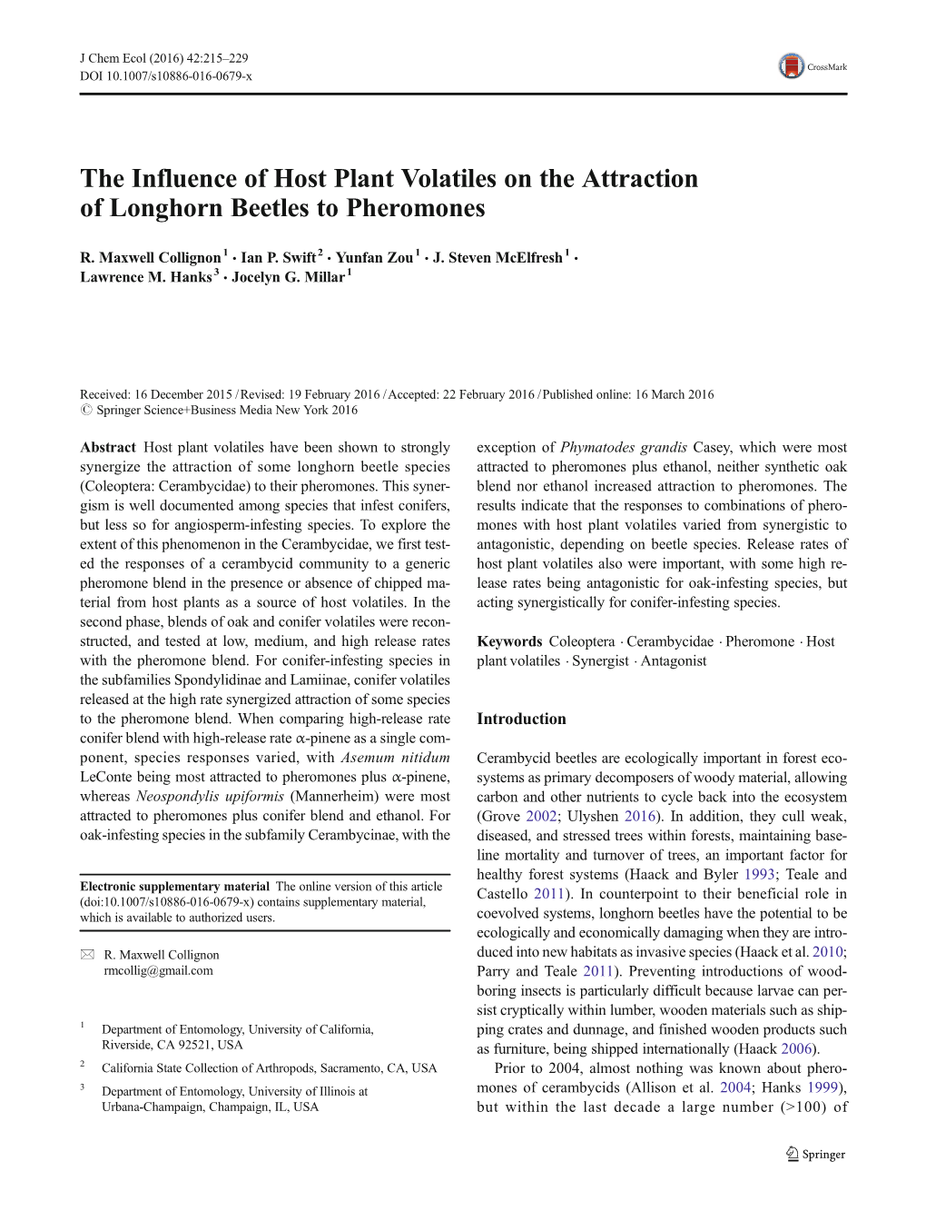 The Influence of Host Plant Volatiles on the Attraction of Longhorn Beetles to Pheromones