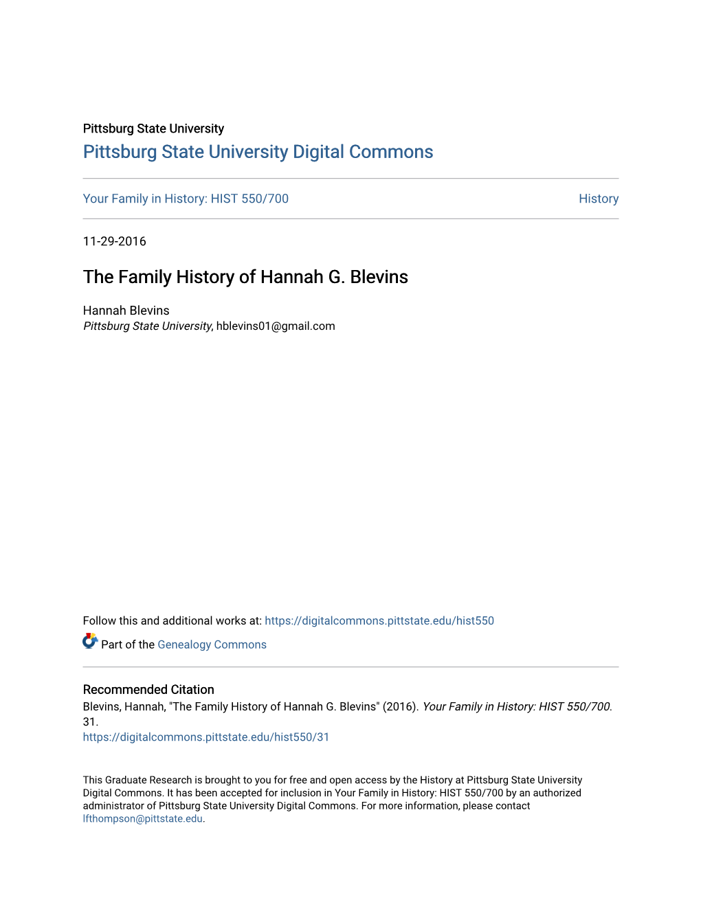 The Family History of Hannah G. Blevins