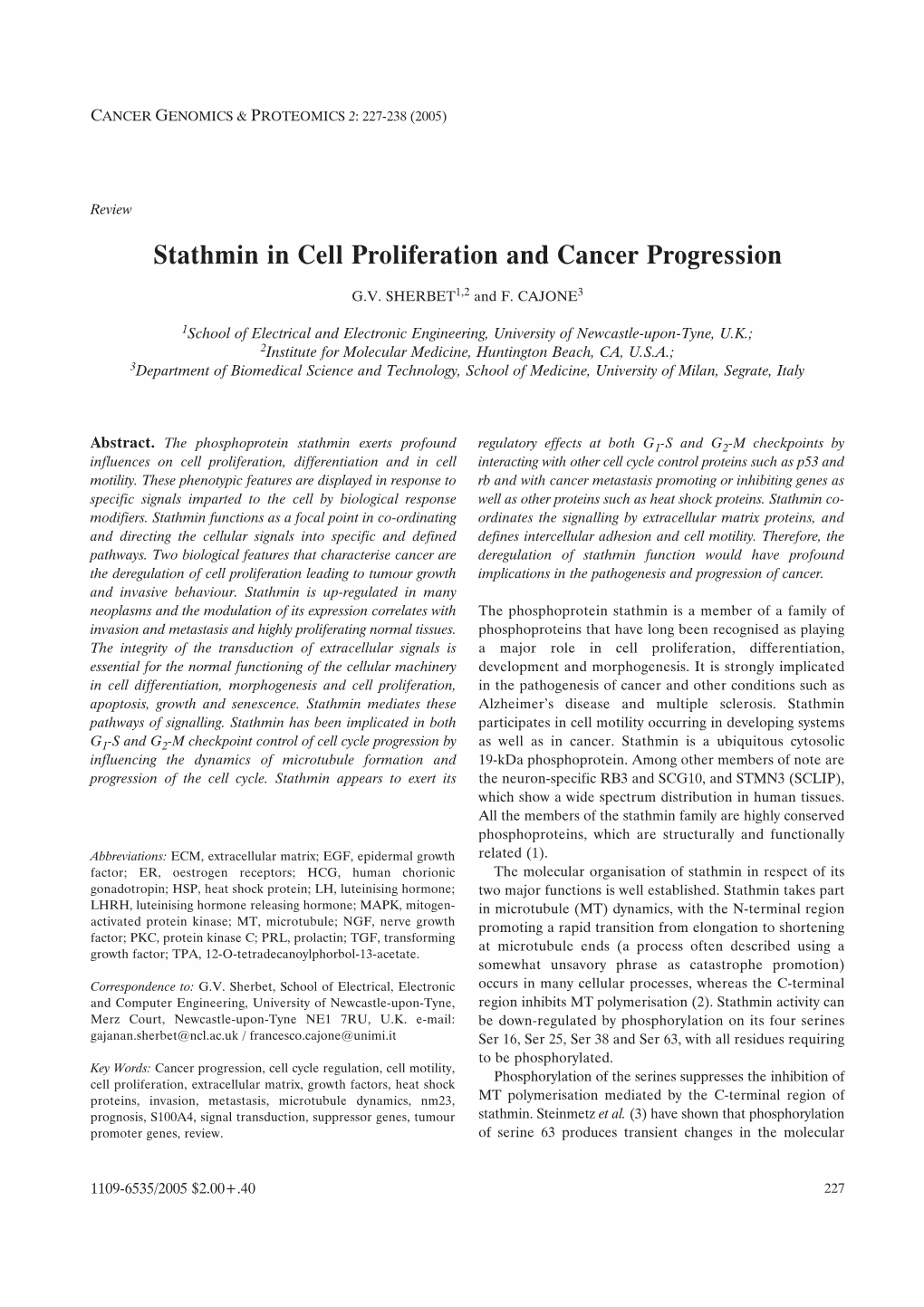 Stathmin in Cell Proliferation and Cancer Progression