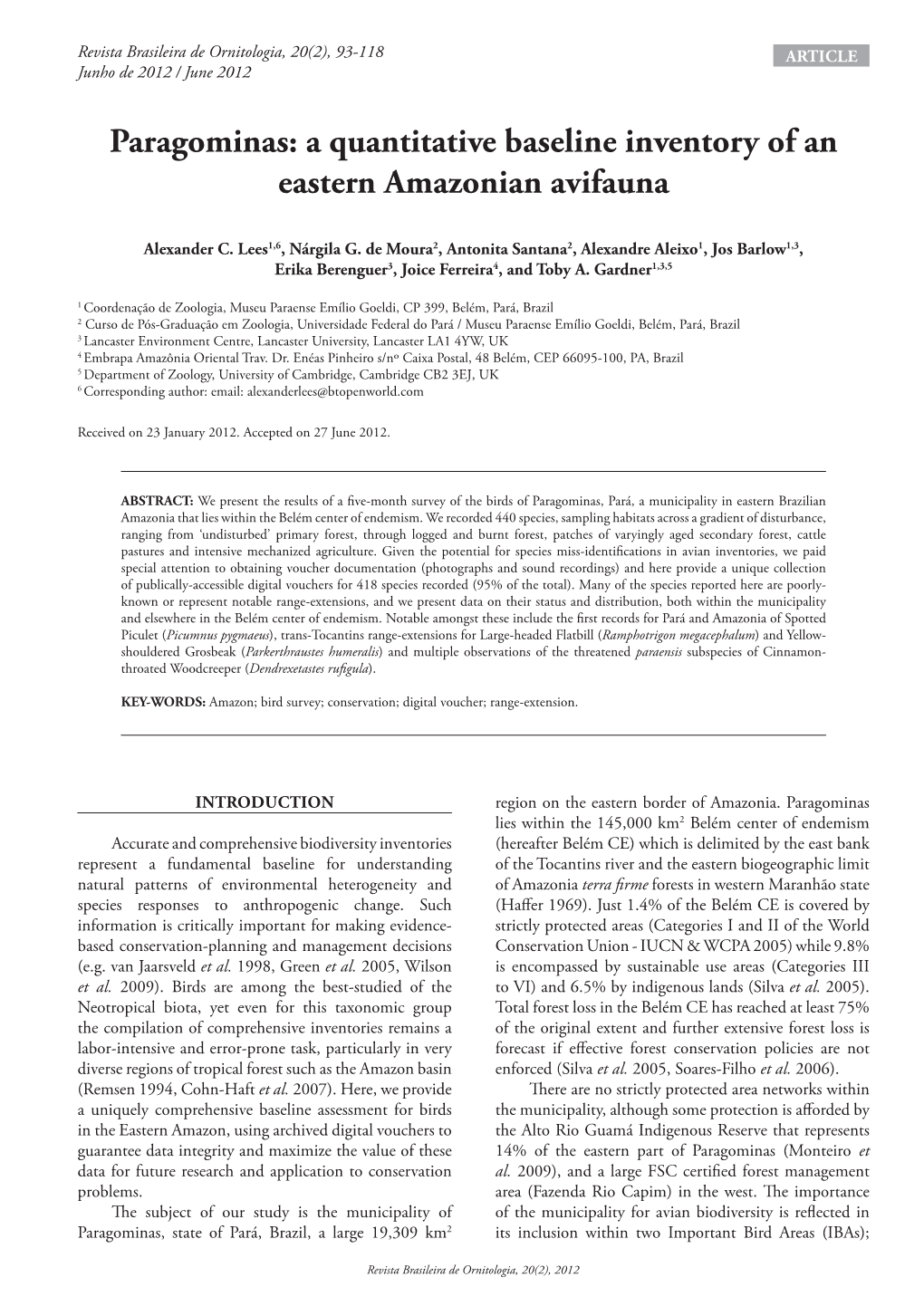 Paragominas: a Quantitative Baseline Inventory of an Eastern Amazonian Avifauna