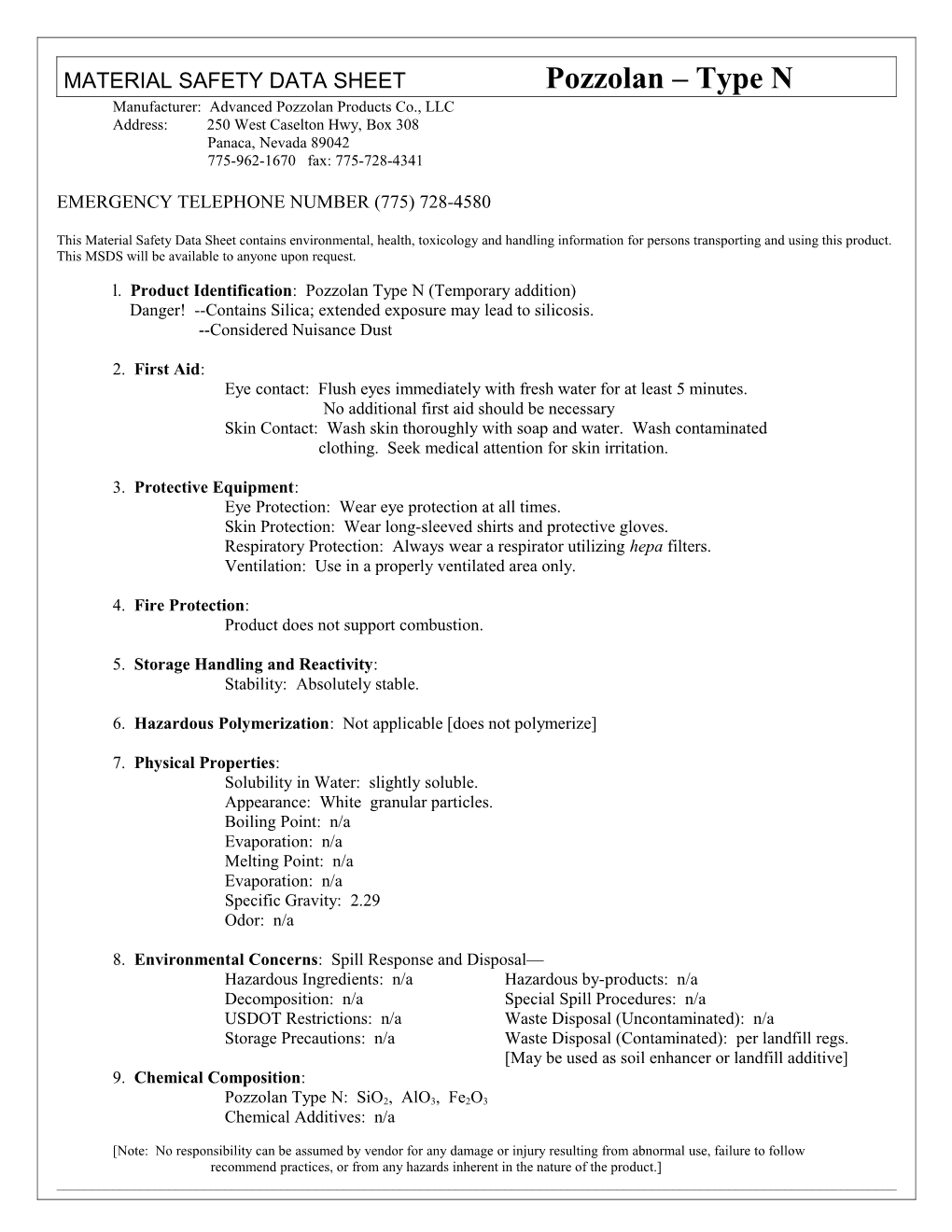 MATERIAL SAFETY DATA SHEET Pozzolan Type N