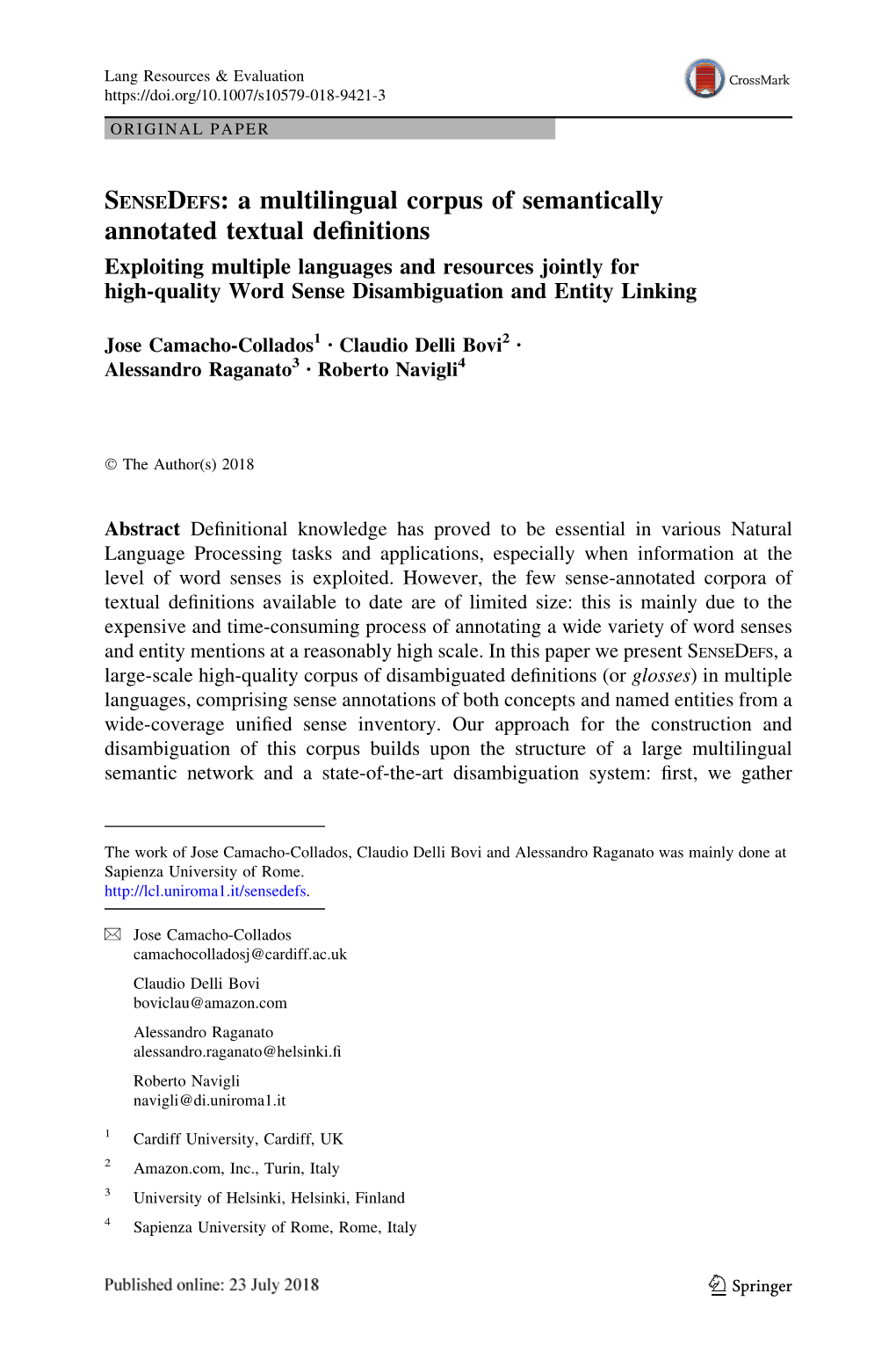 A Multilingual Corpus of Semantically Annotated Textual Definitions