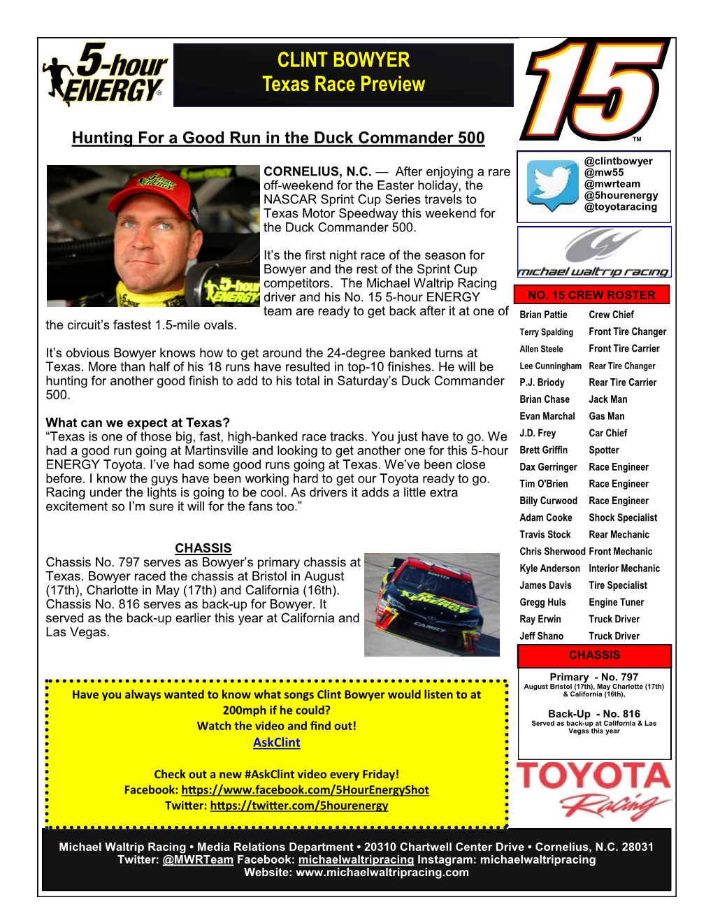 CLINT BOWYER Texas Race Preview
