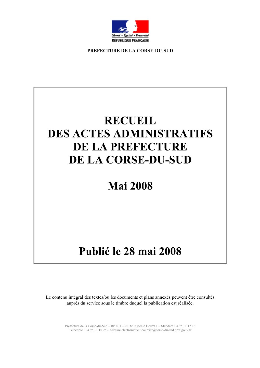 Recueil Des Actes Administratifs De La Prefecture De La Corse-Du-Sud