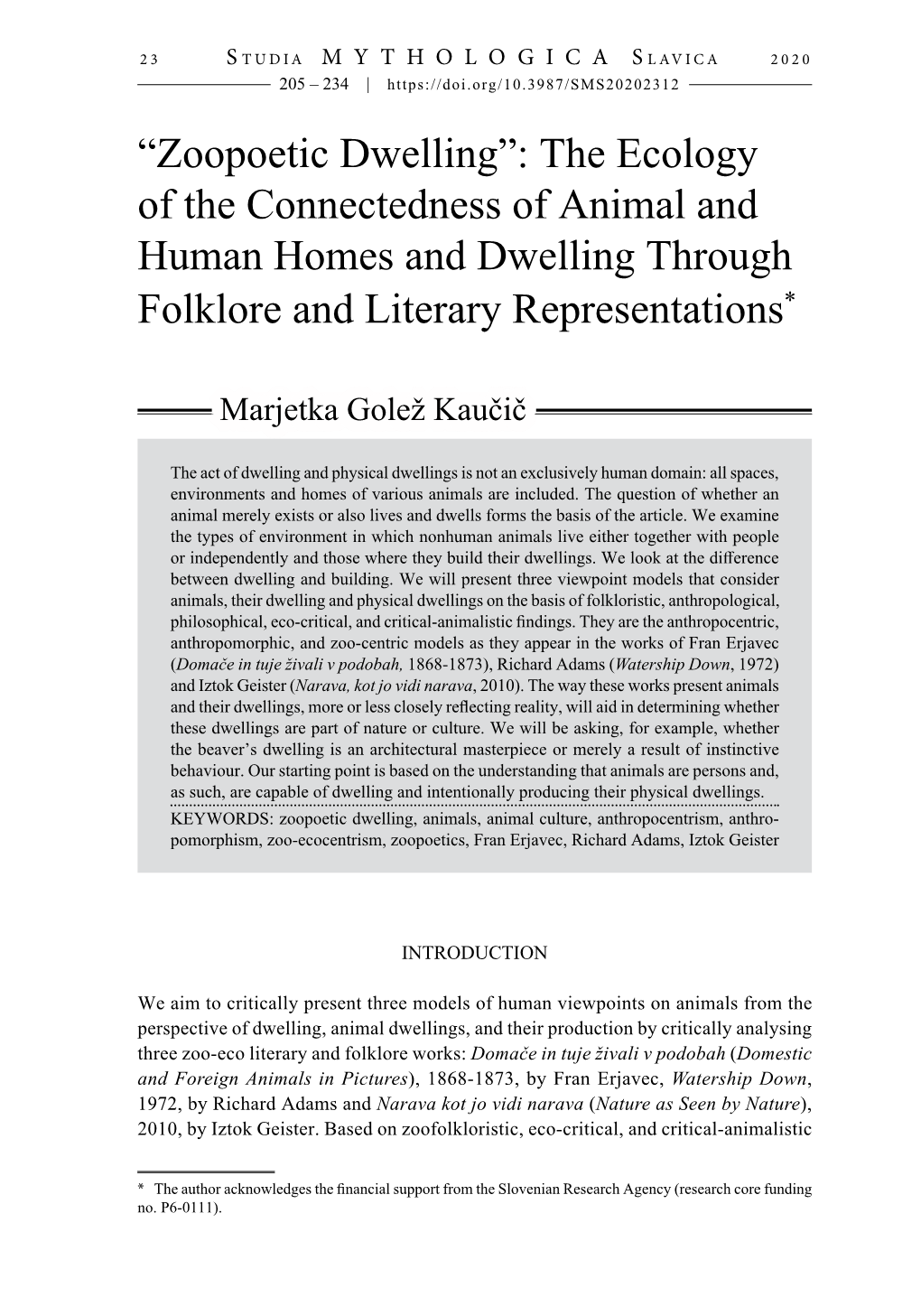 “Zoopoetic Dwelling”: the Ecology of the Connectedness of Animal and Human Homes and Dwelling Through Folklore and Literary Representations*