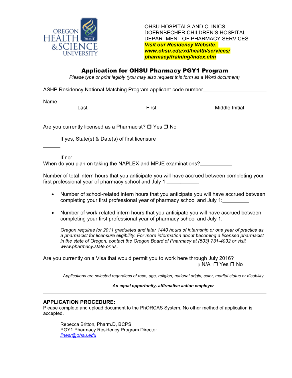 Application for OHSU Pharmacy PGY1 Program