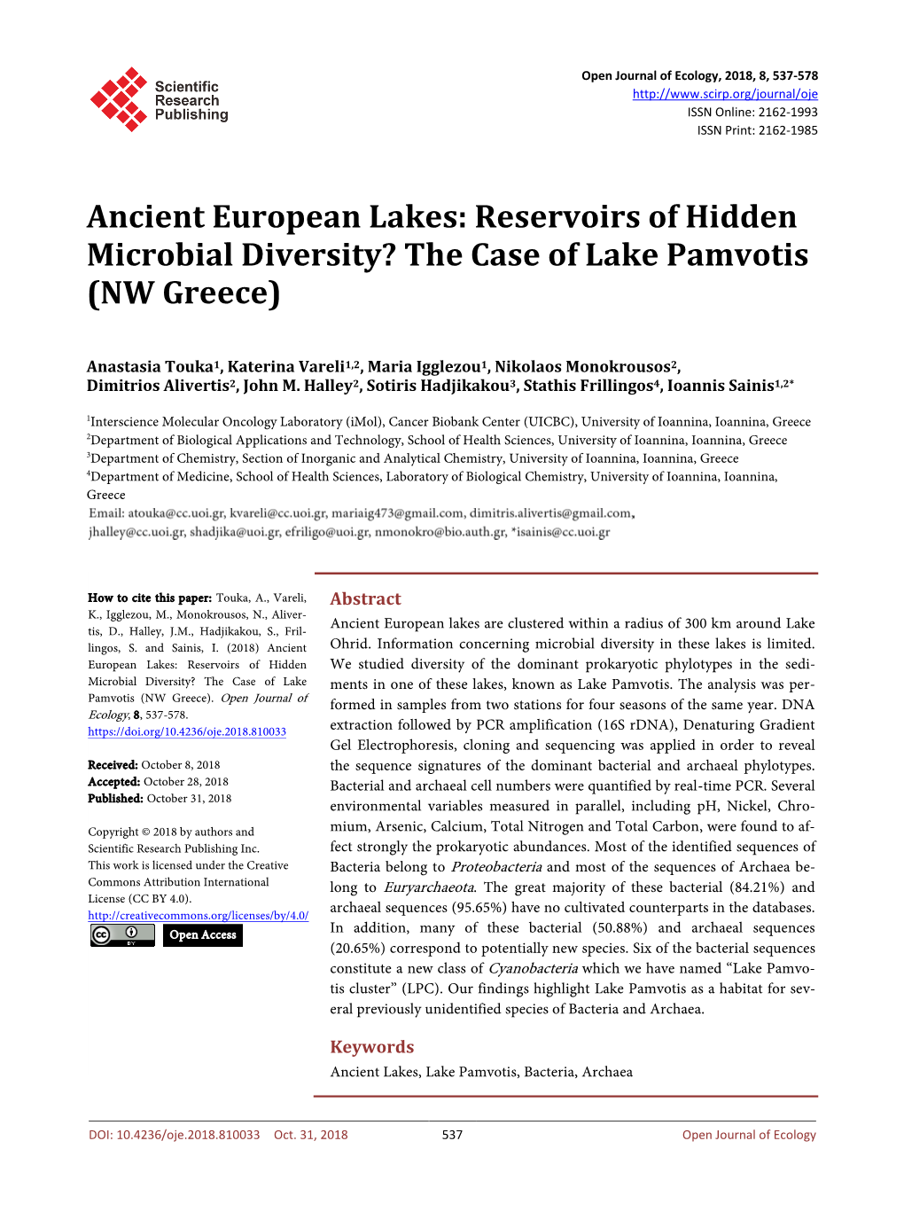 Reservoirs of Hidden Microbial Diversity? the Case of Lake Pamvotis (NW Greece)