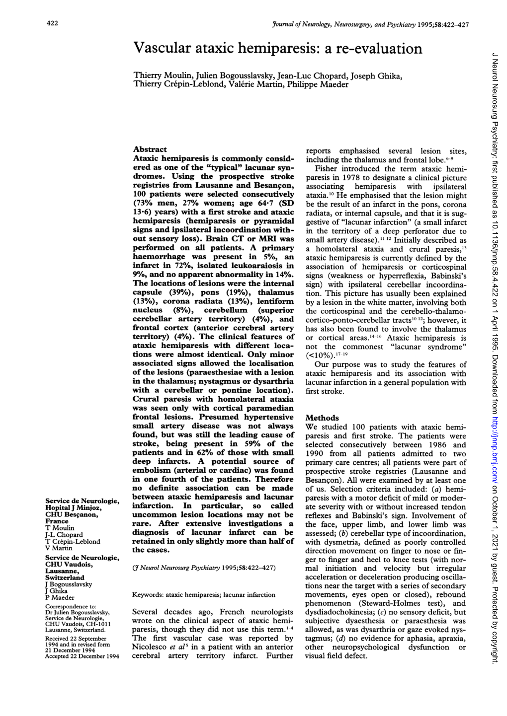 Vascular Ataxic Hemiparesis: a Re-Evaluation J Neurol Neurosurg Psychiatry: First Published As 10.1136/Jnnp.58.4.422 on 1 April 1995