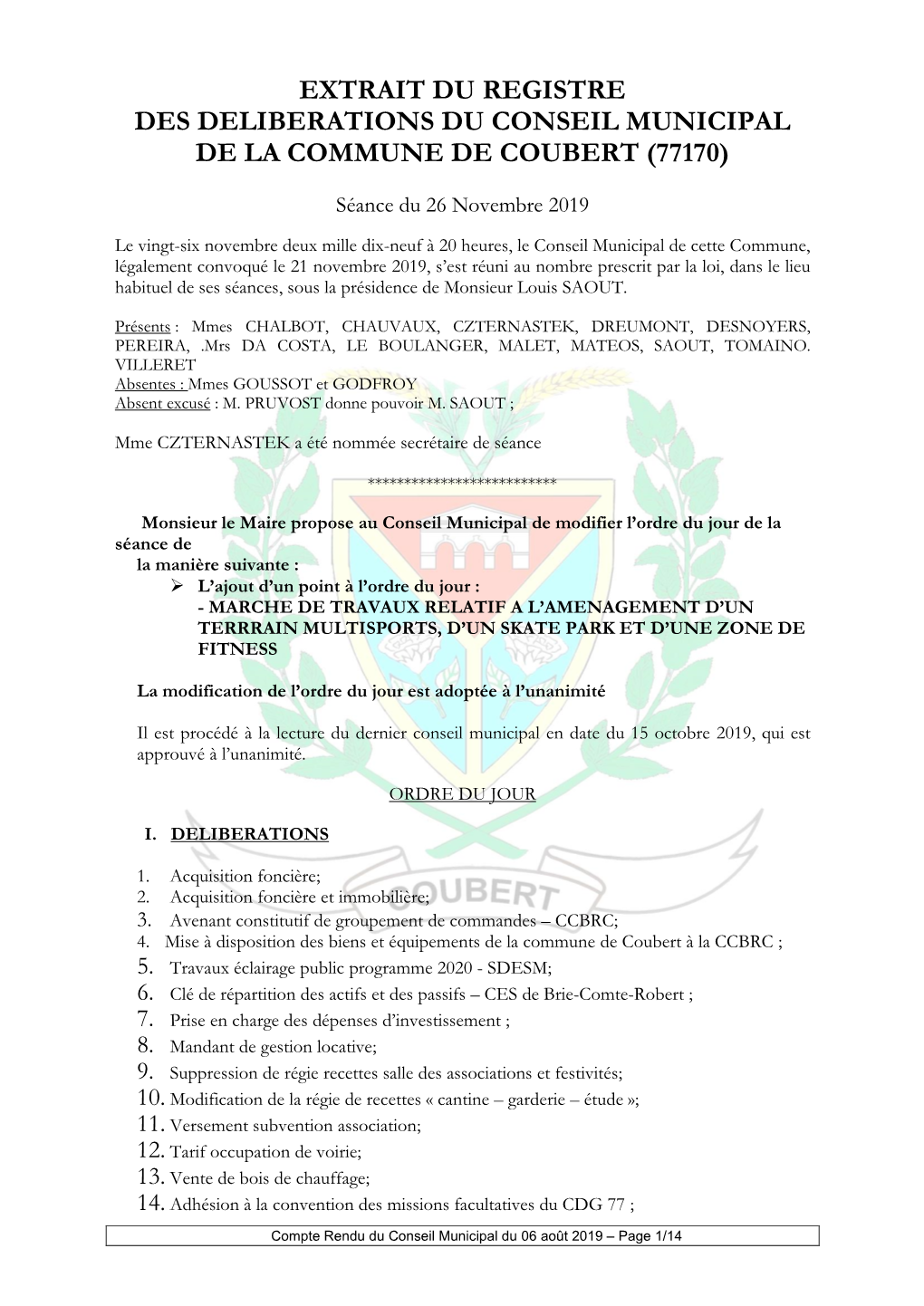 Extrait Du Registre Des Deliberations Du Conseil Municipal De La Commune De Coubert (77170)