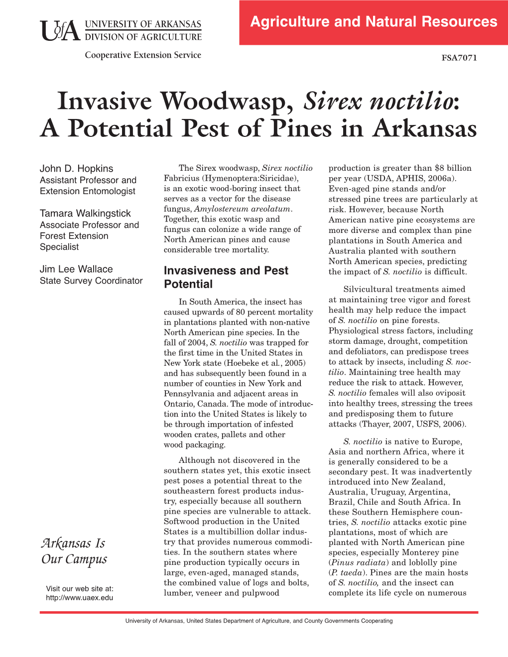 Invasive Woodwasp, Sirex Noctilio: a Potential Pest of Pines in Arkansas