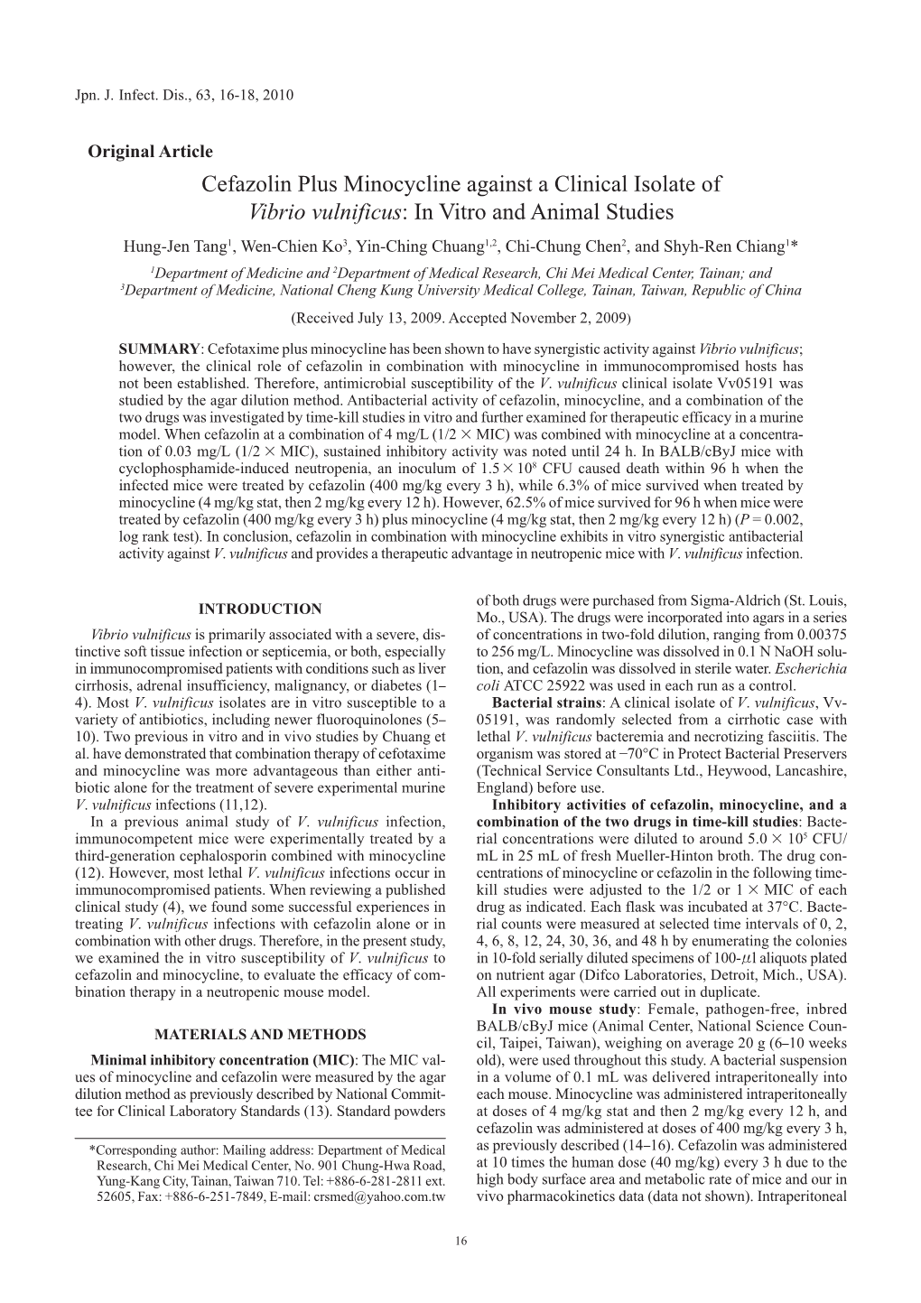 Cefazolin Plus Minocycline Against a Clinical Isolate of Vibrio Vulnificus: in Vitro and Animal Studies