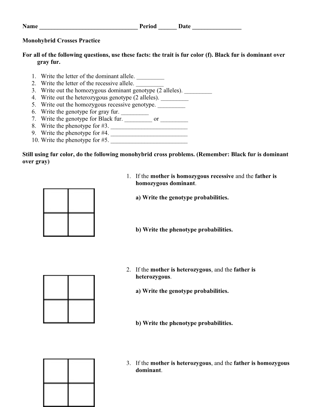 Monohybrid Crosses Practice