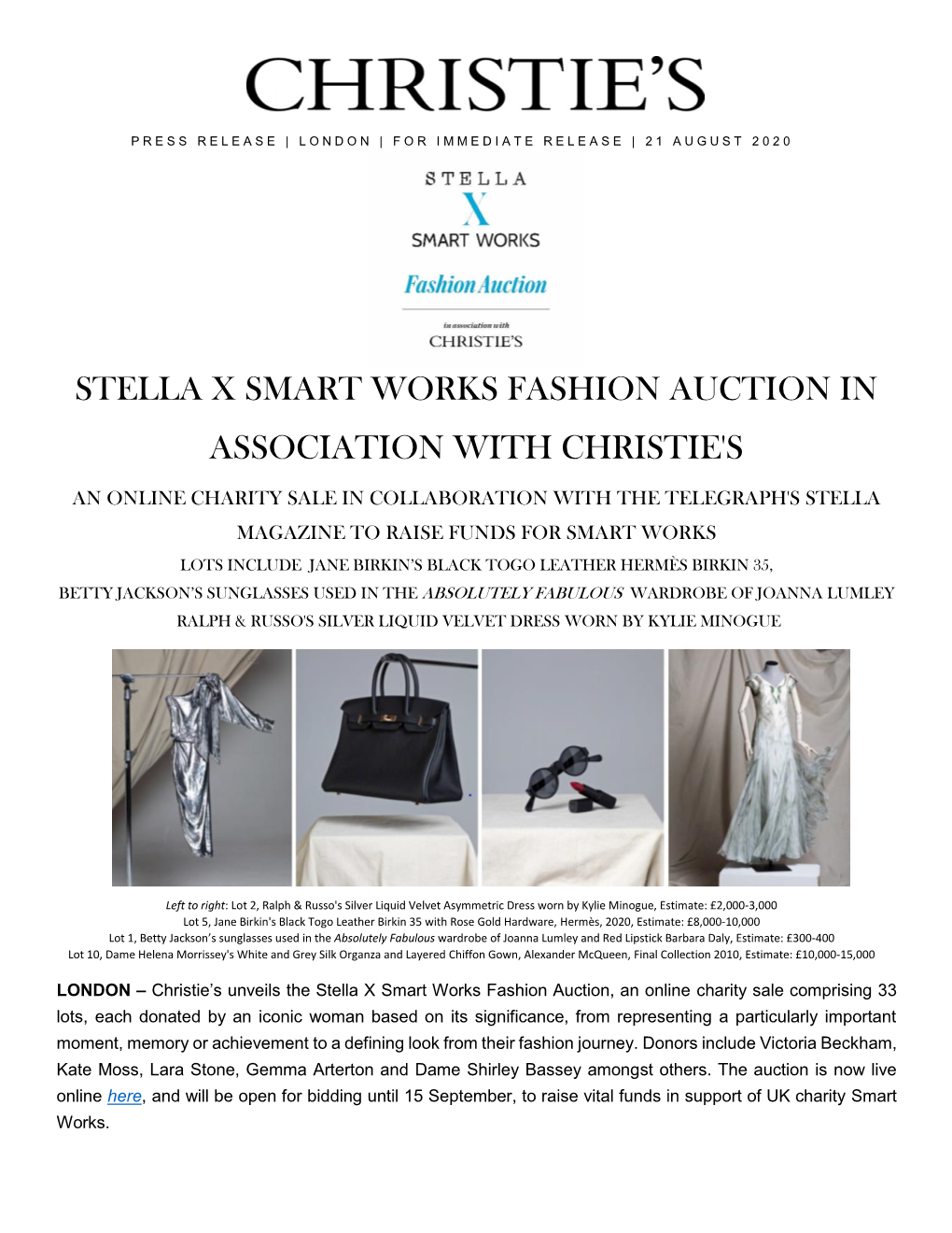 Stella X Smart Works Fashion Auction in Association with Christie's