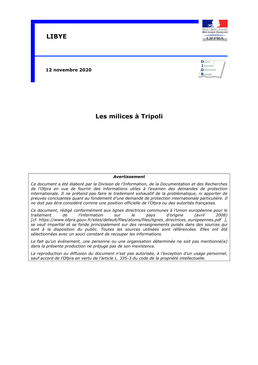 DIDR, Libye : Les Milices À Tripoli, Ofpra, 12/11/2020