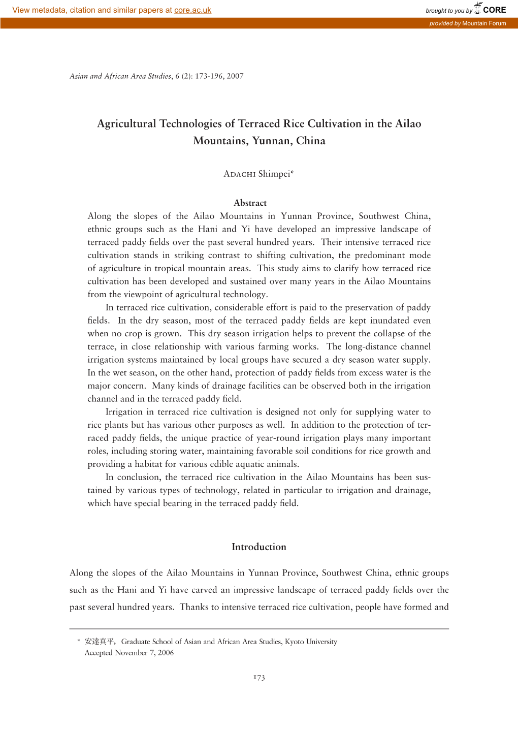 Agricultural Technologies of Terraced Rice Cultivation in the Ailao Mountains, Yunnan, China