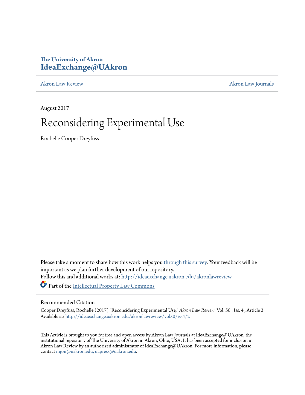 Reconsidering Experimental Use Rochelle Cooper Dreyfuss
