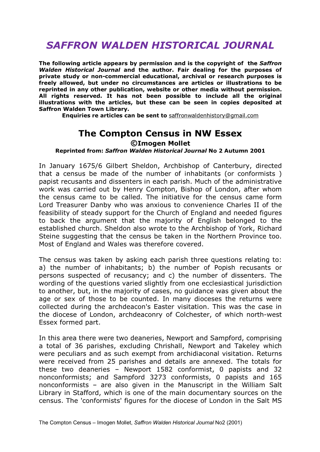 Compton Census in NW Essex ©Imogen Mollet Reprinted From: Saffron Walden Historical Journal No 2 Autumn 2001