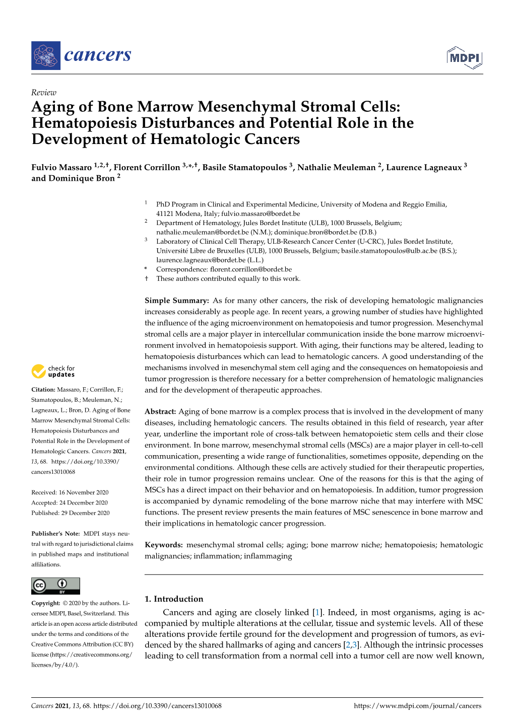 Aging of Bone Marrow Mesenchymal Stromal Cells: Hematopoiesis Disturbances and Potential Role in the Development of Hematologic Cancers