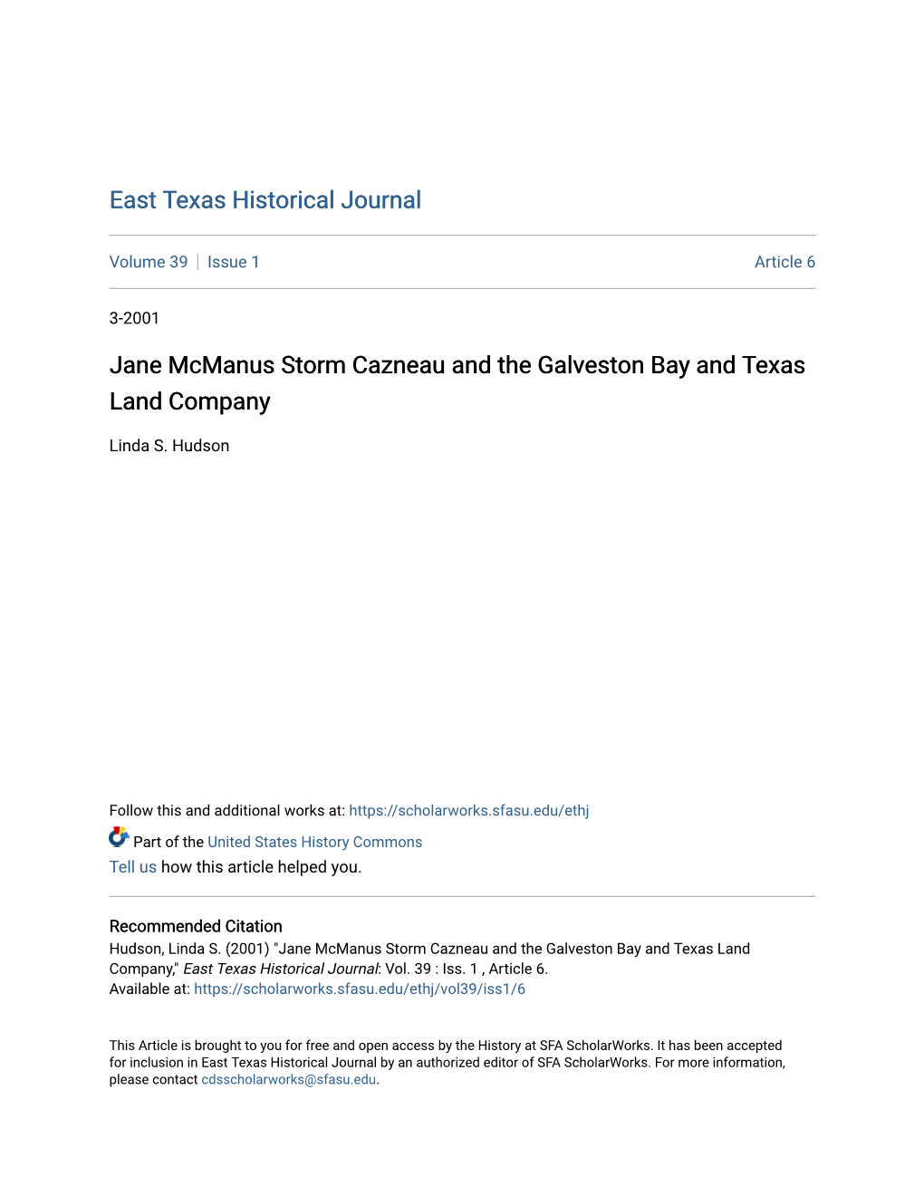 Jane Mcmanus Storm Cazneau and the Galveston Bay and Texas Land Company
