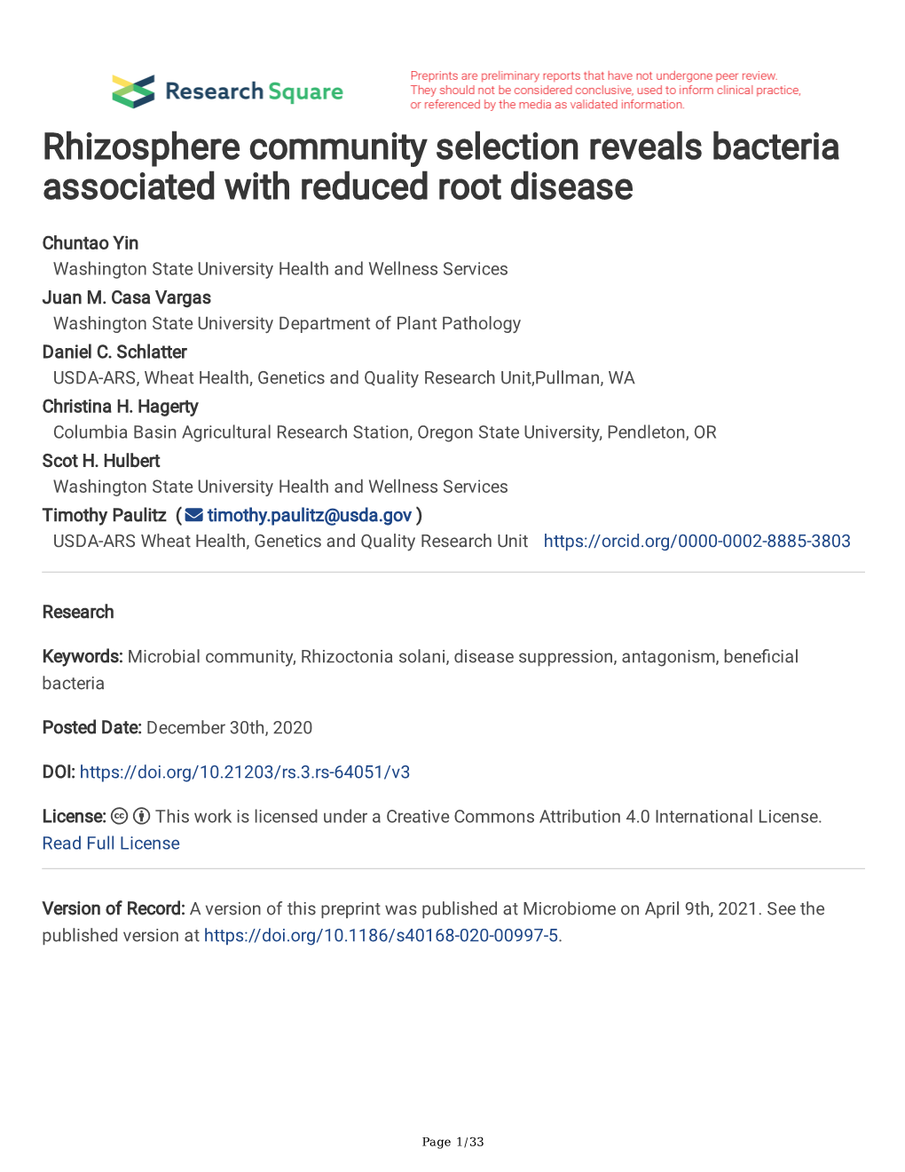 Rhizosphere Community Selection Reveals Bacteria Associated with Reduced Root Disease