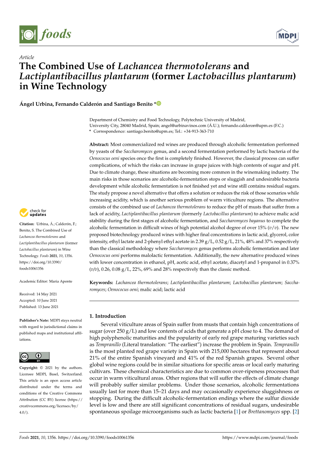 The Combined Use of Lachancea Thermotolerans and Lactiplantibacillus Plantarum (Former Lactobacillus Plantarum) in Wine Technology