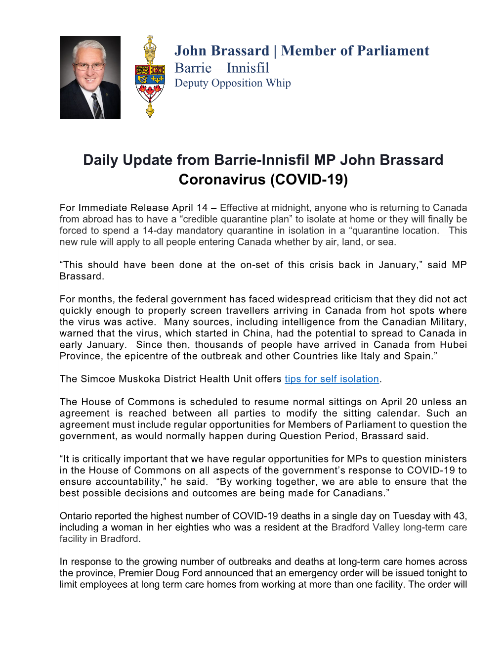 Daily Update from Barrie-Innisfil MP John Brassard Coronavirus (COVID-19)