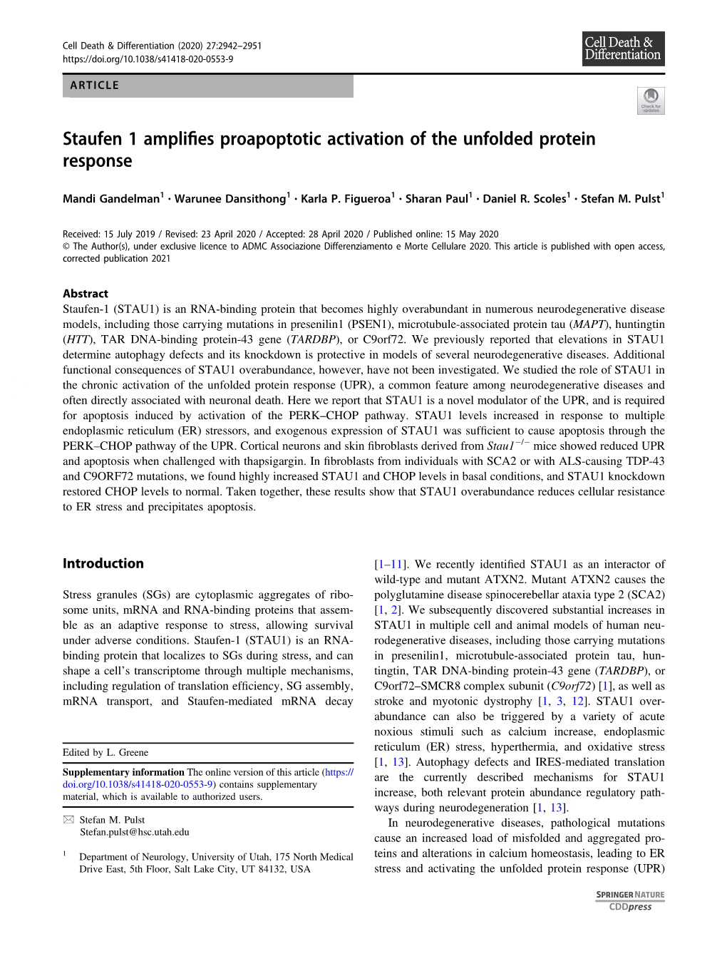 Staufen 1 Amplifies Proapoptotic Activation of the Unfolded Protein