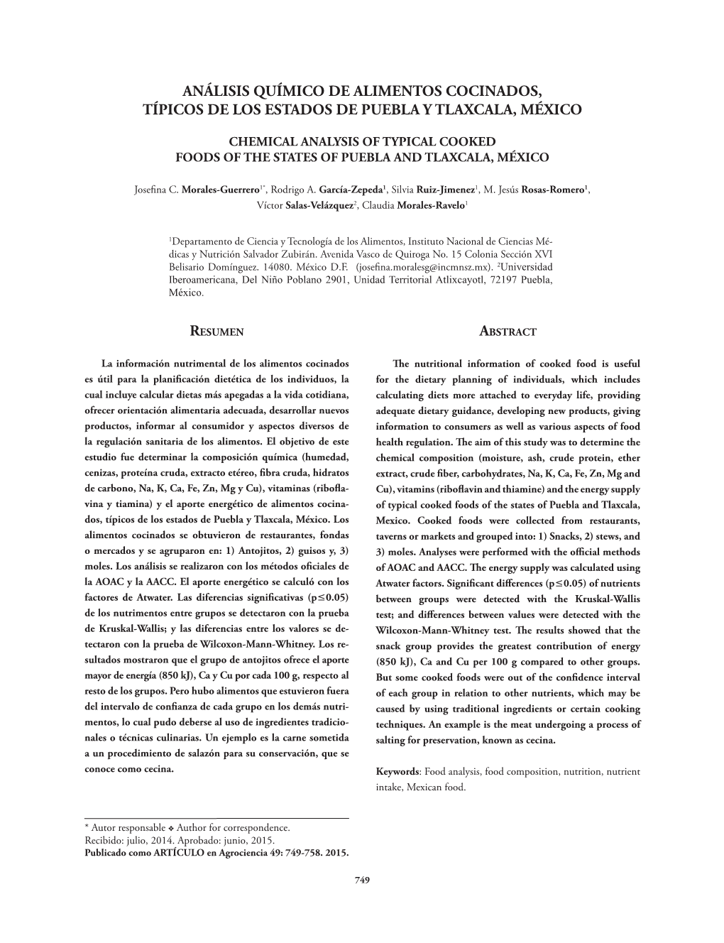 Análisis Químico De Alimentos Cocinados, Típicos De Los Estados De Puebla Y Tlaxcala, México